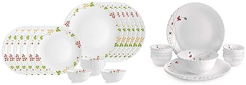 Image of Cello Opalware Dazzle Secret Garden Dinner Set, 18Pcs, White & Cello Opalware Dazzle Lush Fiesta Dinner Set, 13Pcs, White