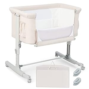 COSTWAY 3 in 1 Beistellbett & Babywiege & Reisebett, 5-stufig Höhenverstellbares Babybett, neigbar, Kinderbett inkl. Matratze, Tragetasche, Stubenwagen für Babys bis 9kg belastbar (Beige)