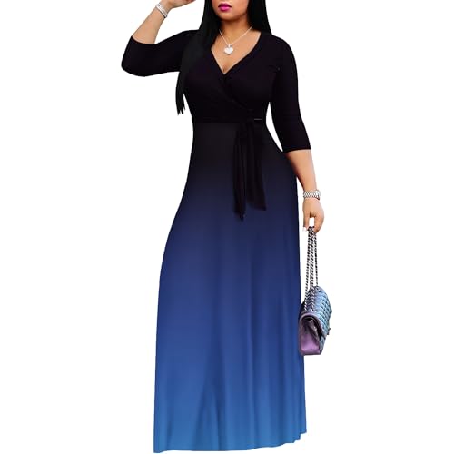 Image of PinkPatty Women's Plus Size Maxi Dresses Casual Flowy 3 /4 Sleeves Dress Printed Vacation Dress for Daily Wear with Belt