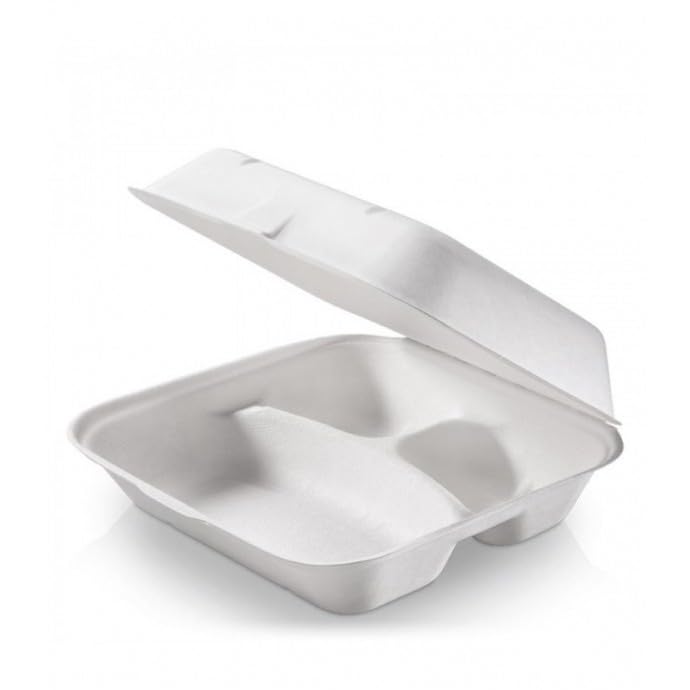 Genérico Contenedor de Comida Desechable, 3 Compartimentos, 23,5x19,5x7,5cm, Color Blanco, 250 Unidades