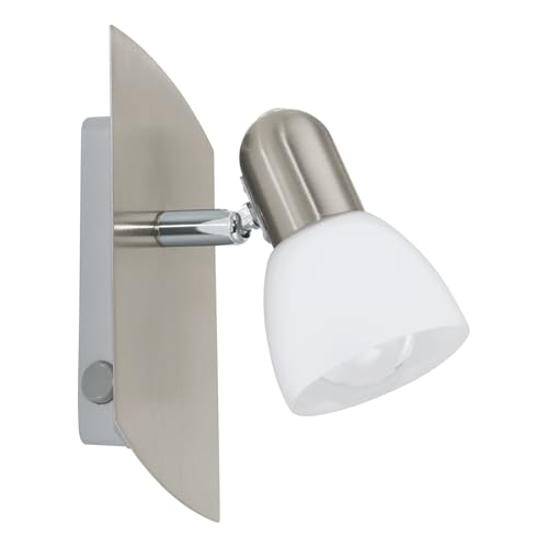 EGLO Wandlampe Enea, Wandleuchte, Wandstrahler aus Metall in Nickel-Matt, satiniertes Glas in Weiß, Wohnzimmerlampe, Lampe mit Schalter, Spot mit E14 Fassung