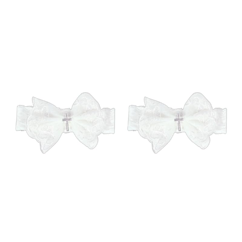 2 Pcs White Bowknot Lace Headband for Baby Girl with Rhinestones Elastic Headdress Child Headpiece Accessories Photo Props