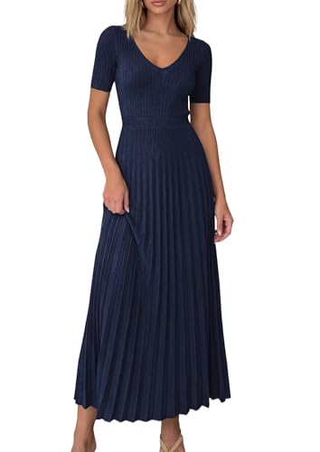 Consejos para Comprar Ropa Azul Marino al mejor precio. 46 PRETTYGARDEN - Vestido midi de primavera 2026 para mujer, elegante, plisado, de punto acanalado, manga corta, cuello en V, línea A, trajes de verano, Azul marino, M