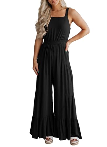 BLENCOT Jumpsuits For Women Casual Sleeveless Ruffle Wide Leg Rompers Dressy Flowy Summer Outfits Spring Boho Comfy Overalls Flare Loose Pant Black Medium