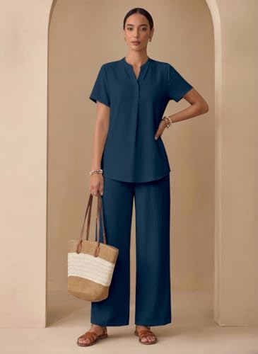 Image of TOPLOT Women's Co-ord Set | Stylish Matching Top & Bottom Set | Notch Neckline with Button Detail | Loose-Fit, Short-Sleeve Top with a Relaxed Silhouette |Ideal for Casual (5250)