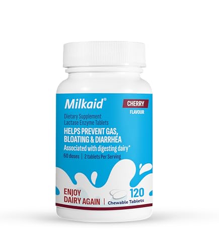 Milkaid Lactase Enzyme Chewable Tablets for Lactose Intolerance Relief | Prevents Gas Bloating & Diarrhea | Fast Acting Dairy Digestive Supplement (120 Tablets Cherry)