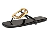 Coutgo Womens Flat Sandals Comfortable Flip Flops Slide Sandals Summer Beach Shoes with Metal Decoration, Black, size 8