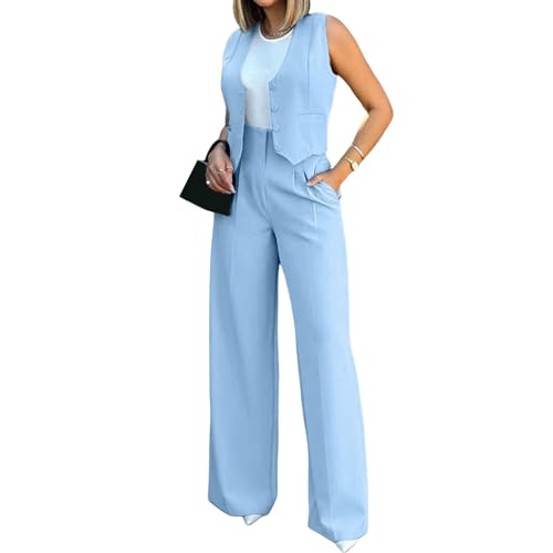 Elegant & Casual Women's Fashionable Blazer Vest & Wide-Leg Pants Set - Stylish & Comfortable for Daily Wear Sky Blue