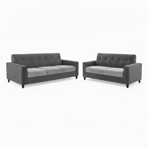 Image of Homeboy Luxe Velvet-Suede Fabric 3 + 2 Seater with Ottoman Dual Tone Sofa Set | Comfortable & Spacious Seating for Upto 6 Person | Modern Sofa Set for Living Room - Light Grey & Dark Grey