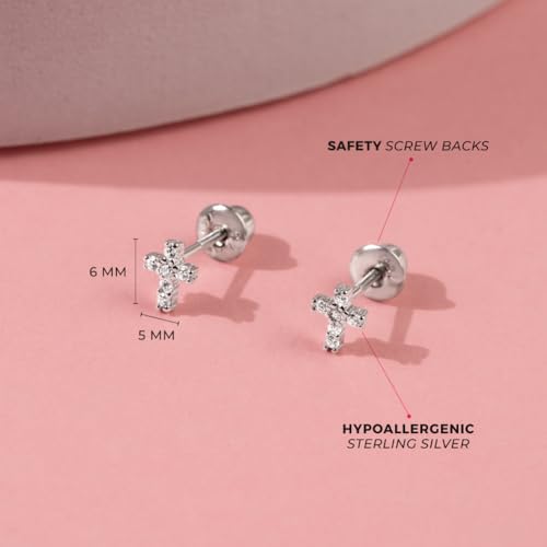 925 Sterling Silver Clear Cubic Zirconia Encrusted Cross Safety Screw Back Earrings For Little Girls - Religious CZ Earrings For Girls - Communion Gifts4