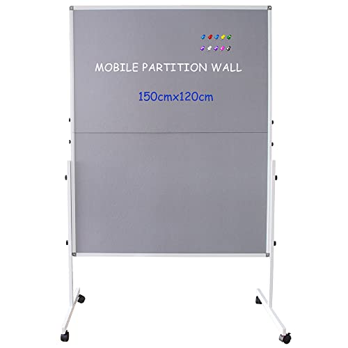 XIWODE Faltbarer mobiler Raumteiler, Doppelseitiger grauer Stoff Pinnwand Rollen mit Ständer, 150 x 120 cm, bewegliche freistehende Bildschirme Bürotrennwand für Präsentation und Display Cover