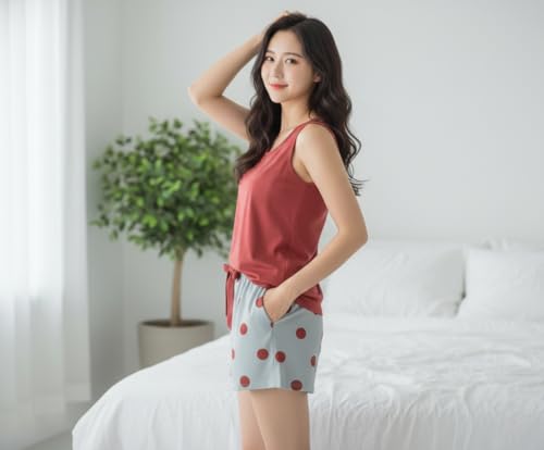 Image of Celary Korean Women Pyjama Set |Cute Printed Sleeveless Cotton Blend Top & Shorts Pyjama Set | Soft Breathable Summer Sleepwear & Loungewear for Ladies | Shorts Set for Women