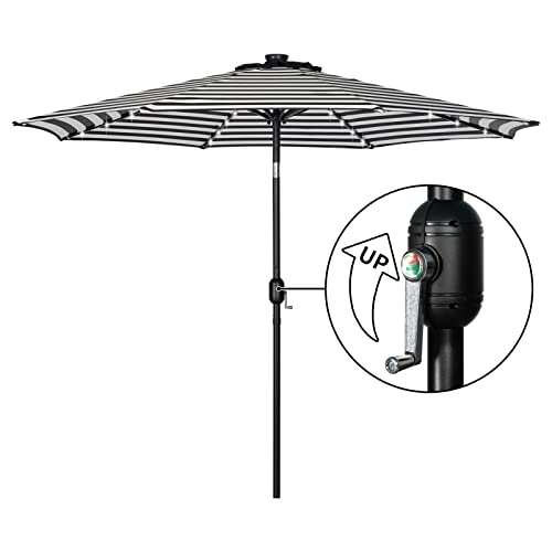 Paranta 9 Feet Outdoor Patio Umbrella With 40 Solar Led Lights, Button Tilt And Crank, 8 Ribs Patio Umbrella, Black And White Stripes #TOP7