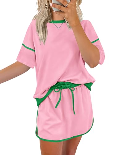 Rapbin Short Sets for Women 2 Piece Skirt Crewneck Short Sleeve Tops Matching Drawstring Mini Skirt Summer Tracksuits Pink L
