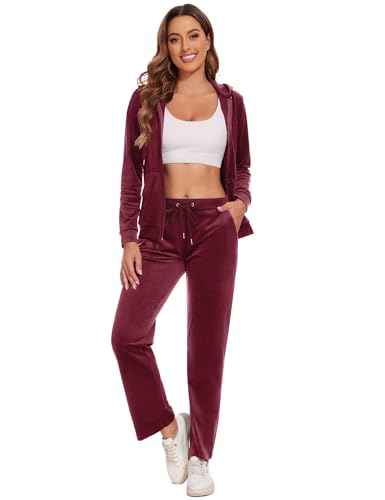ROYAL MATRIX Women's Velour Tracksuit, 2 Pieces Full Zip Velour Sweatsuits Hooded Jogging Lounge Velvet Outfits Set