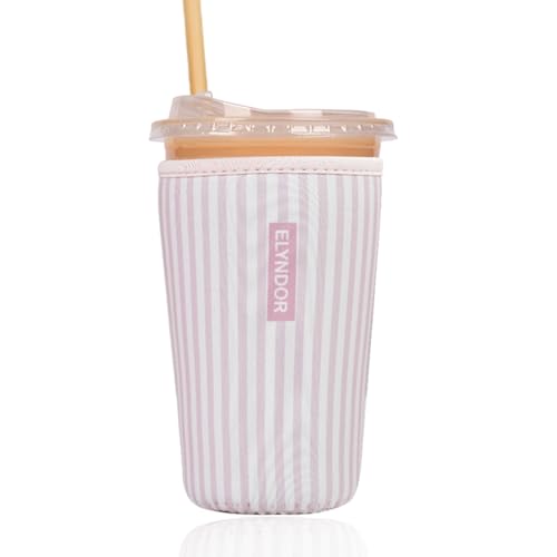 Image of Reusable Insulated Sleeve for Iced Coffee Cup, Coffee Neoprene Sleeve for Cold & Hot Drinks, Beverage Holder for Iced Coffee (Pink Stripes, Medium: 22-24oz)