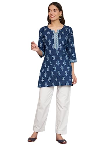 Image of Rapsodia Women Cotton Navy Blue Ethnic Buti Printed Short Kurti