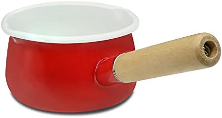 YumCute Home Enameled Sauce Pan with Dual Pour Spout Milk Pan Healthy White Enameled Inside Coating Iron Milk Pan and Butter Warmer with Wooden Handle Handy Pot (Red)
