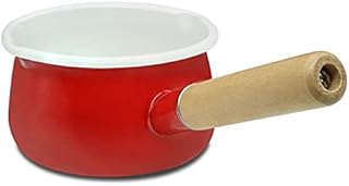 YumCute Home Enameled Sauce Pan with Dual Pour Spout Milk Pan Healthy White Enameled Inside Coating Iron Milk Pan and Butter Warmer with Wooden Handle Handy Pot (Red)