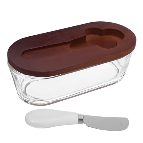 Garneck Burriera Ermetica con Coperchio e Coltello Integrato Contenitore per Burro e Formaggio da Banco Vassoio in Vetro e Legno Resistente per Conservazione Prolungata