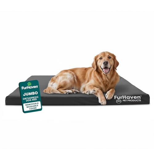 Image of Furhaven Water-Resistant Orthopedic Dog Bed for Large Dogs w / Removable Washable Cover, For Dogs Up to 95 lbs - Indoor /Outdoor Logo Print Oxford Polycanvas Mattress - Stone Gray, Jumbo /XL