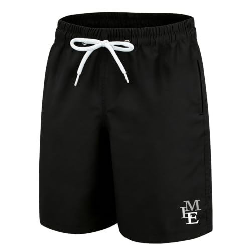 MEILONGER Kinder Badehose Jungen Schnelltrocknend Badeshorts Atmungsaktiv Wasserabweisend Boardshorts mit Mesh-Futter Taschen und Verstellbarem Tunnelzug Schwarz 164