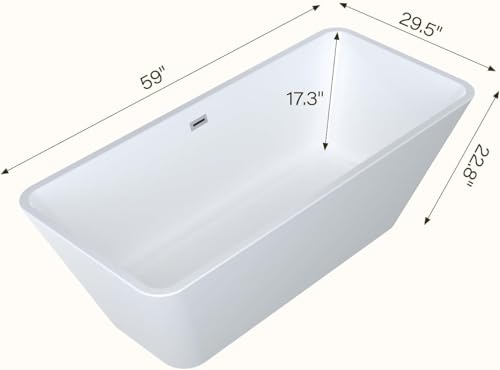Image of 59'' Acrylic Freestanding Bathtub, Deep Soaking Tub, Modern Square