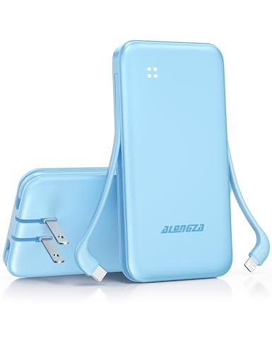 Alongza Portable Charger Built-in Cables and AC Wall Plug, Slim Fast Charging Power Bank 10000mAh, Lightweight USB C External Battery Pack Compact Travel Cell Phone Charger