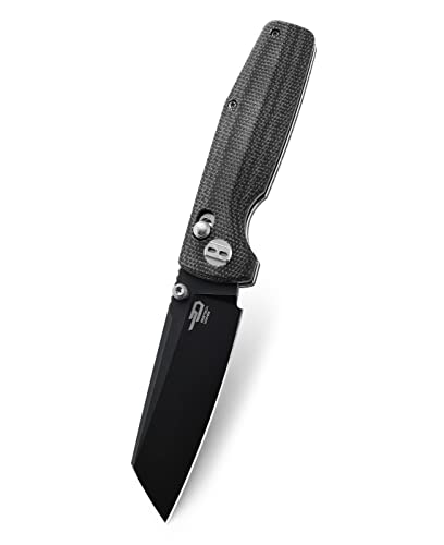 Bestech Knives Pocket Folder Folding Knife: 3.07" D2 Steel Black Cleaver Blade, Micarta Scales, Thumbstud, B-Lock, Edc Steel Clip, Bg43A-2 (Black Micarta) #TOP1