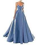 yhfshop Ball Evening Gowns,Sexy V-Neck Spaghetti Strap Satin Evening Dress,Ocean Blue,US26w,Women's Elegant Ball Evening Gowns