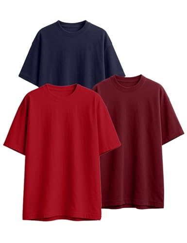 Image of Veirdo 100% Pure Cotton Drop Shoulder Oversized Baggy Fit Half Sleeve Plain Solid Round Neck Multicolor T-Shirt Combo for Men (Pack of 3) (Sizes S-2XL)