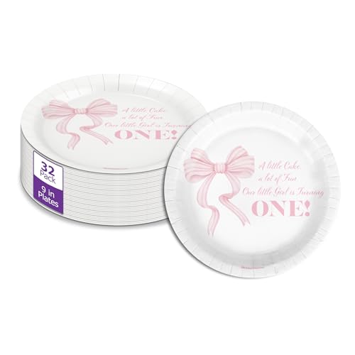 Pink Bows First Birthday - 32 Piece Disposable Party Supplies - Decorations for Girl's 1st Birthday Round Party Plates - Large 9" Paper Plates In Bulk