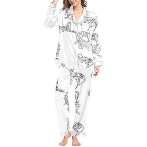 Pyjama long en satin léopard pour femme à la texture douce et finitions haut de gamme