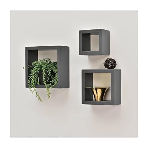 spot on dealz® Cali Wall Floating Cube Box Shelves Set of 3 Grey Wooden Shelf for Bedroom Wall Mounted Living Room Kitchen Decorative Furniture Display Shelving Units Cover