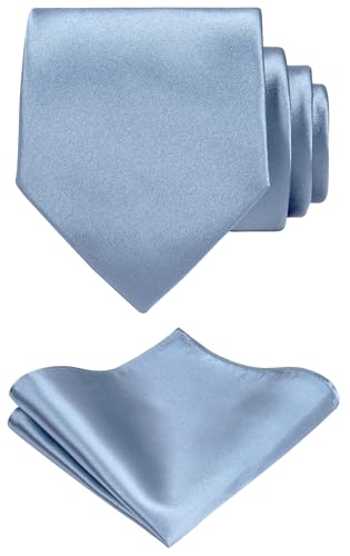 TIE G Solid Satin Woven dyed Color Formal Black Necktie and Pocket Square Sets in Gift Box (Dusty Blue)