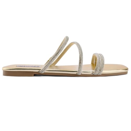 Image of STUNAHOME Women's Rhinestone Thong Flat Sandals Open Toe Slide Sandals with Square Toe Bling Strap