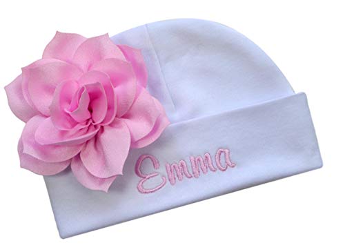 Personalized Embroidered Baby Girl Hat With Lotus Flower Your Custom Name (White Hat/Light Pink Flower) #TOP10