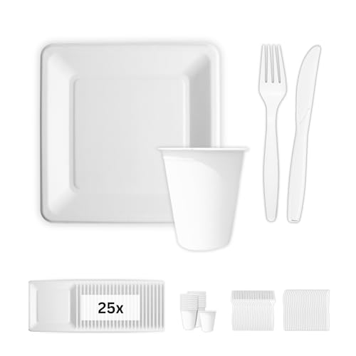 Linario Vaisselle de barbecue jetable et couverts réutilisables, sans plastique, respectueux de l'environnement et compostables, 25 couteaux, fourchettes, assiettes carrées et gobelets.