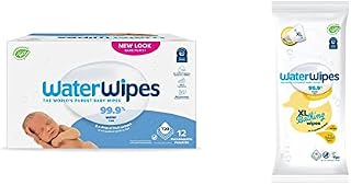WaterWipes Bundle, Original 720 Count (12 packs) & XL Bathing Wipes 16 Count (1 pack), Plastic-Free, 99.9% Water Based Wipes, Unscented, Hypoallergenic for Sensitive Skin, Packaging May Vary