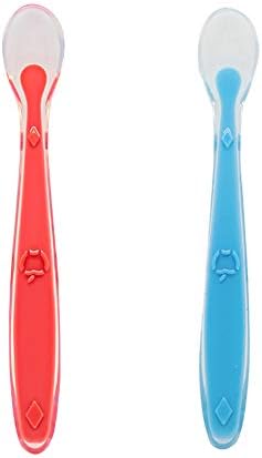 Callowesse Baby Silicone Reusable Spoons with Easy Grip Handle and Soft Tip, Dishwasher and Microwave Safe 2 Pack - Red & Blue