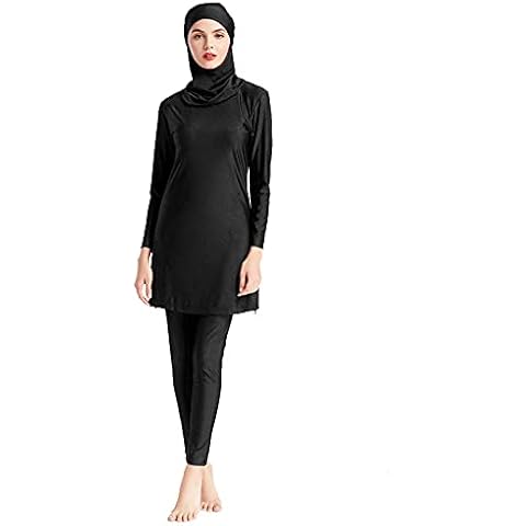 AllMonyba Frauen Muslim Modest Bademode 3 Stück Set Islamische Arabische Einfarbige Badeanzug Beachwear Burkini mit Badekappe Cover