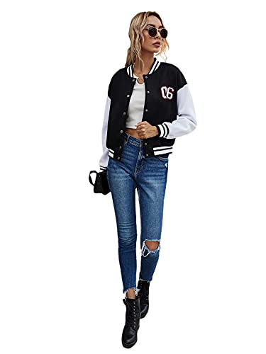 Verdusa Women's Letter Print Single Breasted Long Sleeve Colorblock Bomber Jacket Black White M #TOP4