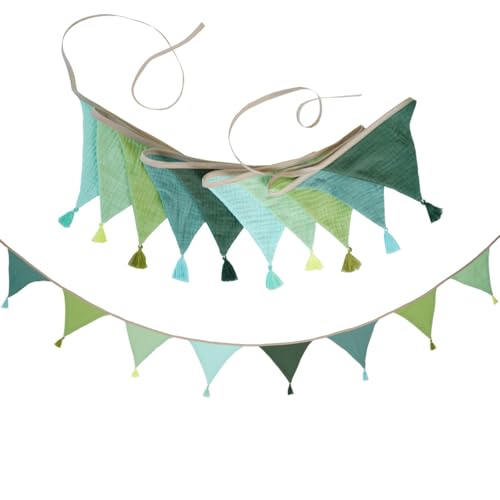 10 Pcs Green Bunting,Double Sided Cotton Bunitng Tassel Triangle Decorations,Green Fabric Sage Nursery Material Bunting Outdoor Garden Banner,for Camp Bedroom Boy Children'S Birthday Party,Reusable