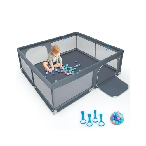 COSTWAY Recinto per Bambini, Box per Neonati con Rete Traspirante, Centro Attività per Bambini con 50 Palline, Box Giochi per 0-3 Anni (Grigio, 200 x 180 cm)