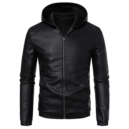 JEShifangjiusu Men Hooded Faux Leather Jacket Motorcycle Bomber Jackets Outerwear Waterproof Windproof PU Moto Vintage Coat