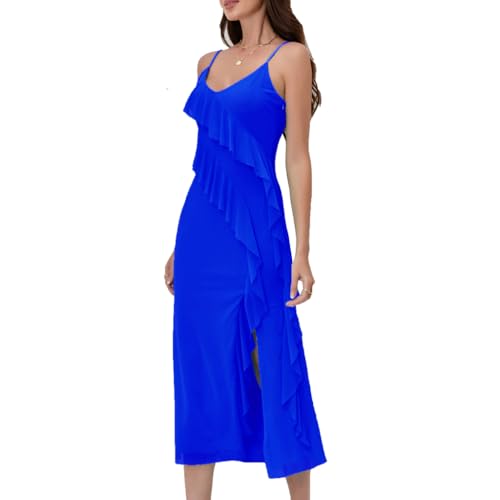 Image of Women's Spaghetti Strap Ruffle Side Split Long Dress Bodycon Beach Maxi Dresses