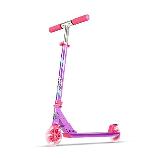Madd Gear Light-Up Carve Rize 100mm Kids Folding Scooter - Kick Scooter for Ages 3 AMD Up -Adjustbale Height Handlebar with Comfort Foam Grips - Max Rider Weight 143Lbs - LED Motion Activated Wheels
