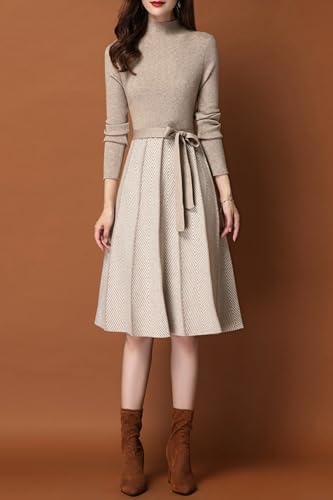 LAI MENG FIVE CATS Women's Elegant Knit Long Sleeve Sweater Stripes Pullover Fall Midi Dress4