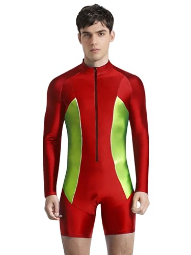 easyforever Men's Color Block Long Sleeve Boyleg Swimsuit Front Zipper One Piece Bathing Suits