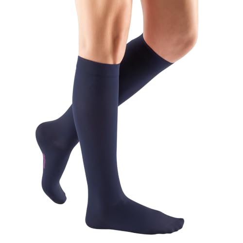 Image of Mediven Comfort Women's 20-30 mmHg Knee High Compression Stockings, Closed Toe, Semi-Transparent, Soft & Breathable Support for Leg Circulation, Work & Travel, V, Standard, Navy